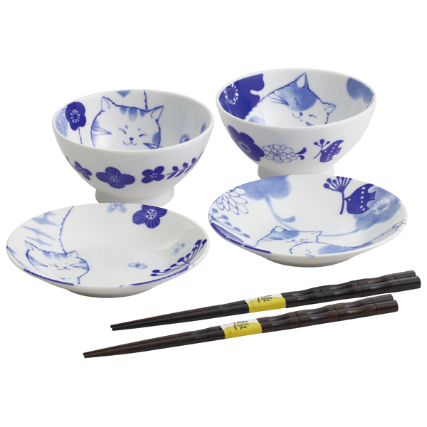 送料込 《web限定》《母の日》【藍セレクション】 のほほん猫飯碗小皿セット（箸付き）の商品画像